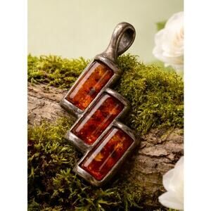 Vintage Amber Unique Pendant 925 Sterling Silver Antique